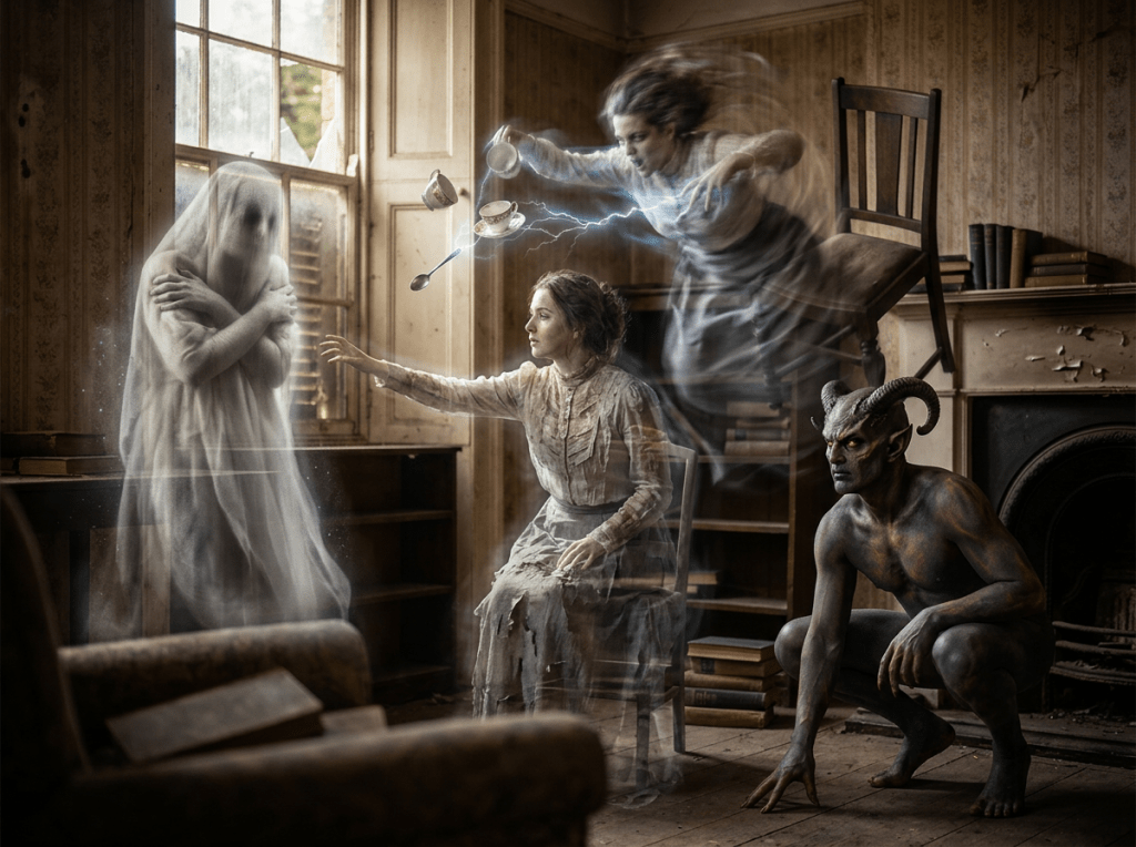 Woman summoning spirits and a demon in a vintage room