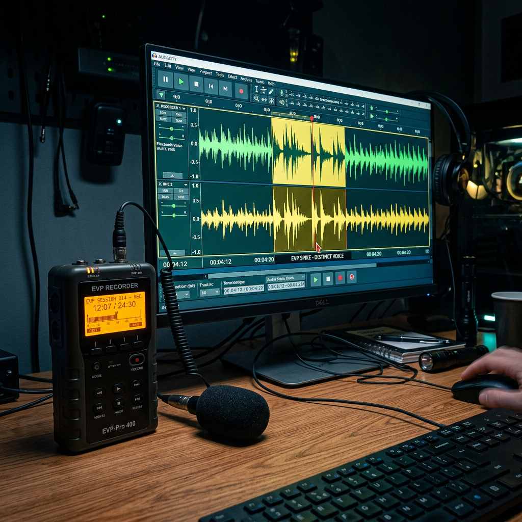 Computer screen displaying audio waveforms in editing software with EVP recorder device and microphone on desk