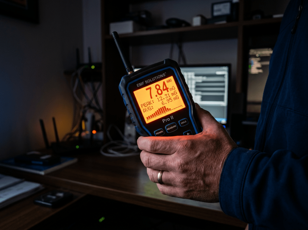 Hand holding EMF Solutions Pro II meter displaying 7.84 mG in a dimly lit room