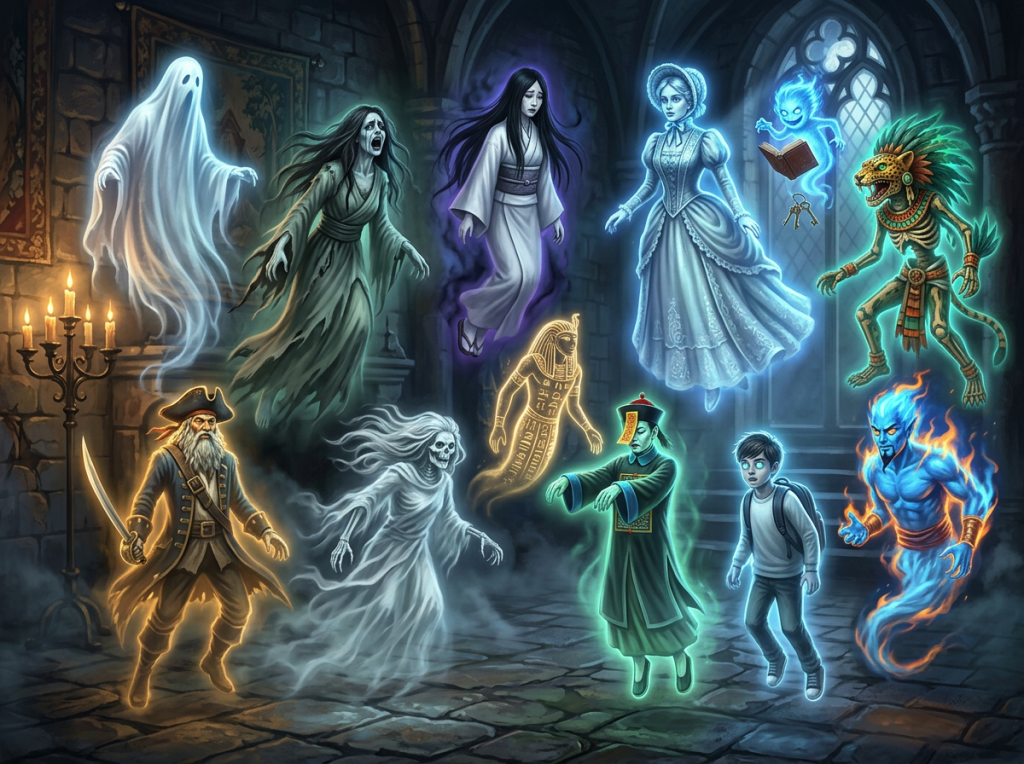 Various supernatural spirits and a boy gathered in a medieval stone chamber