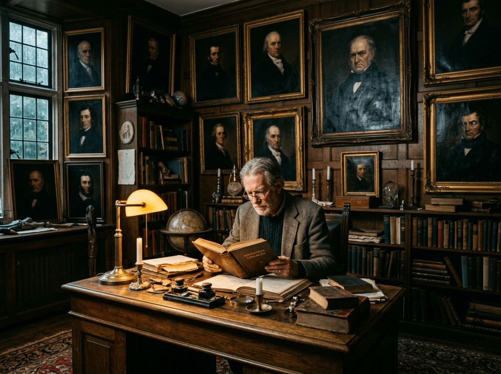 Elderly man reading a book at a desk in a room filled with framed portraits and bookshelves