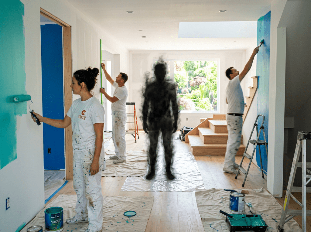 Three painters painting walls turquoise and blue with a dark, smoky silhouette of a person standing in the middle of the room
