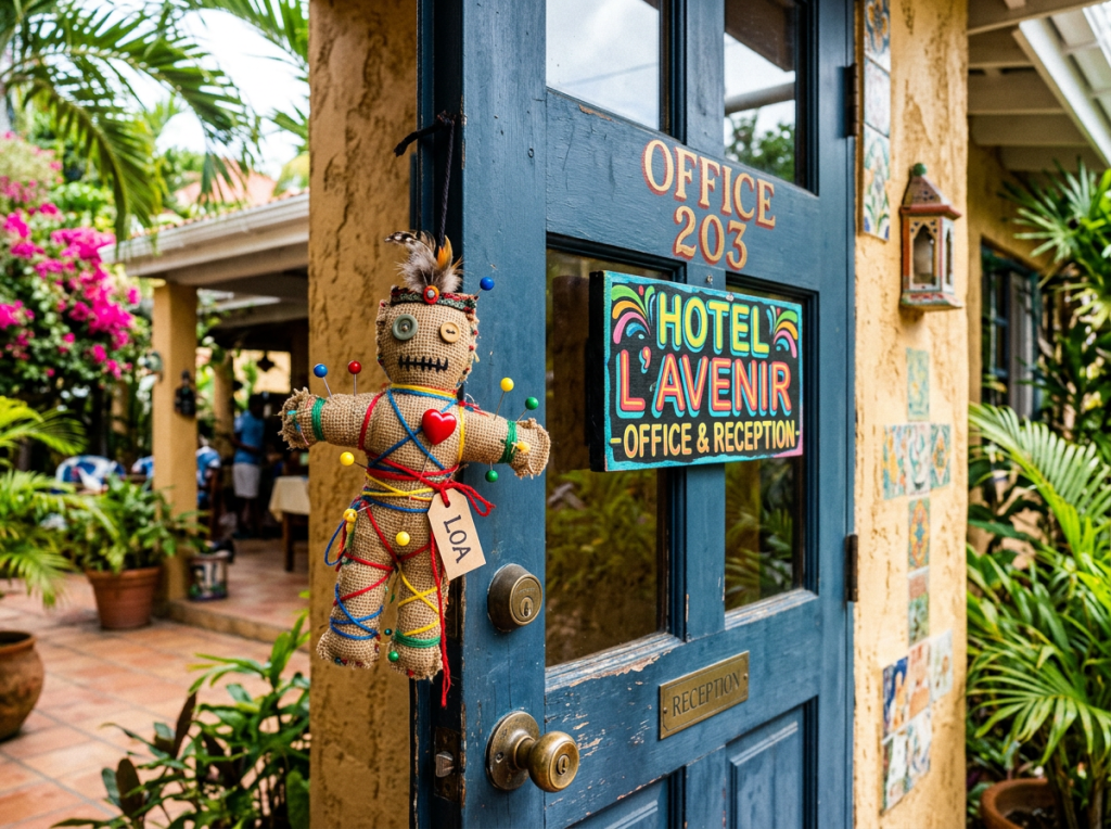Voodoo doll with pins outside hotel office door