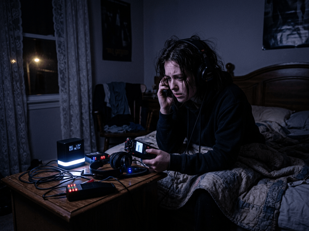 Woman wearing headphones, holding audio recorder, sitting on bed in dark room with recording devices on nightstand