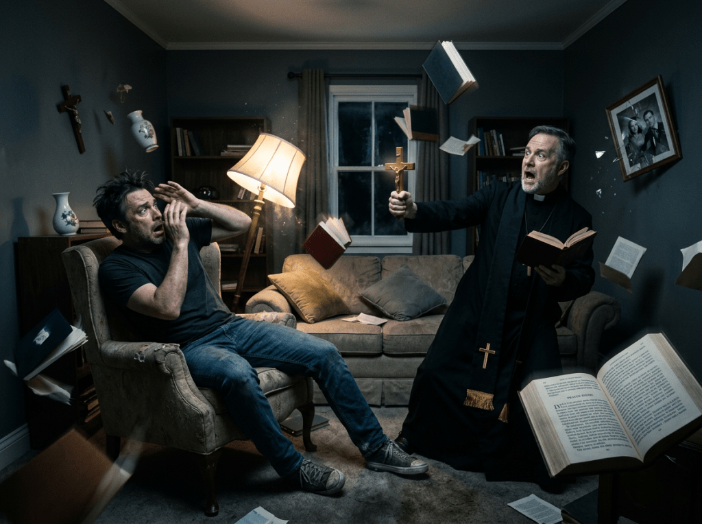 Priest holding crucifix and book with levitating books and scared man recoiling in armchair