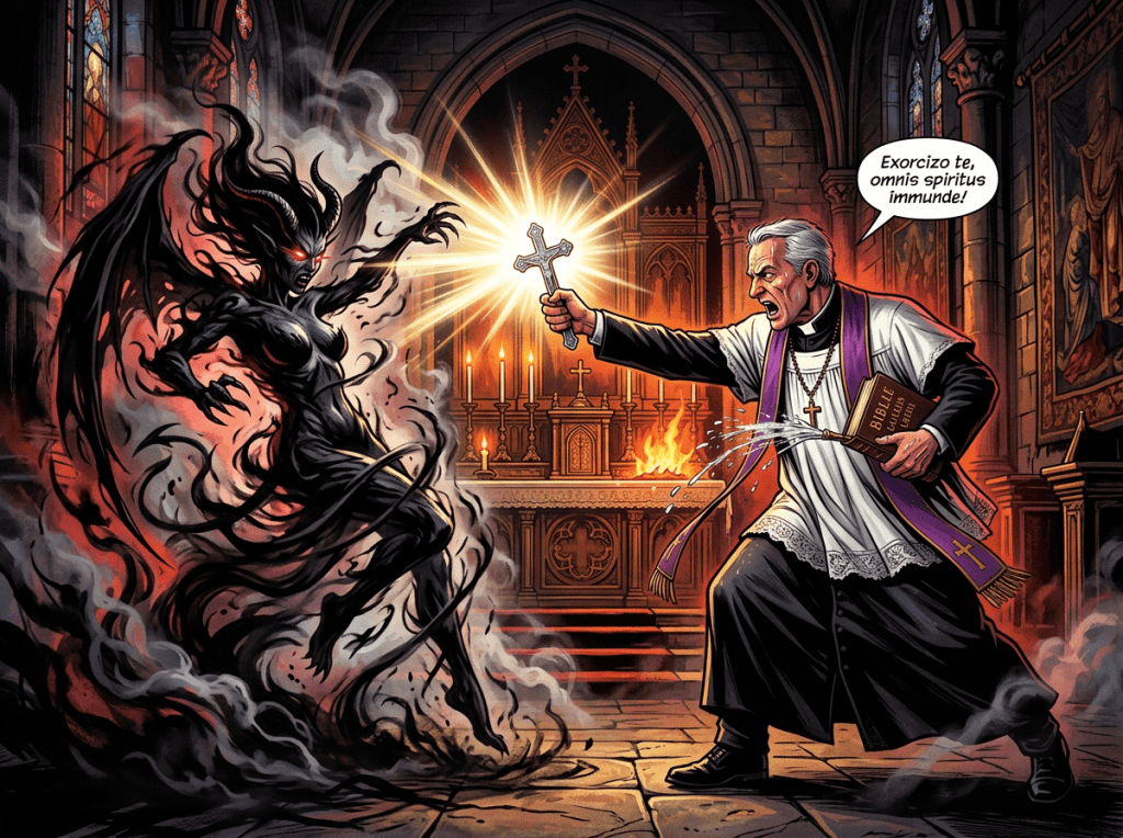 A priest holding a cross and holy water confronts a dark, winged demon inside a church altar.