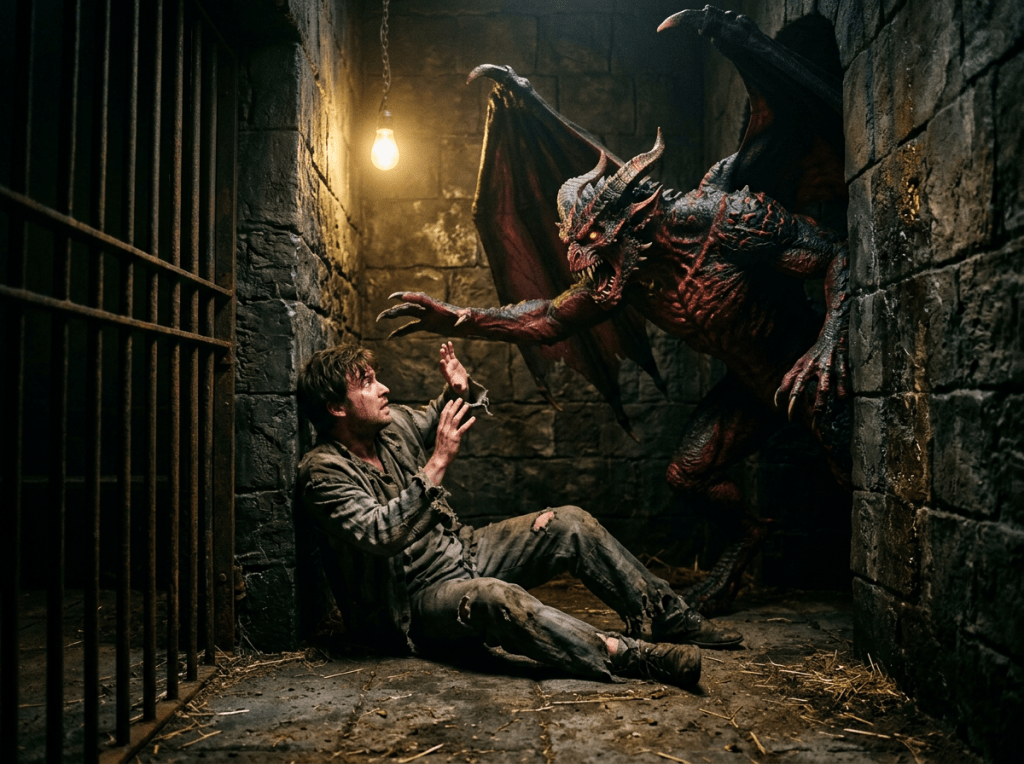Demon attacking man inside dark prison cell